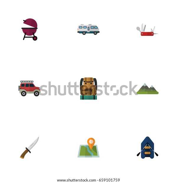 Flat Icons Barbecue, Bag, Caravan And Other\
Vector Elements. Set Of Camping Flat Icons Symbols Also Includes\
Car, Baggage, Van\
Objects.