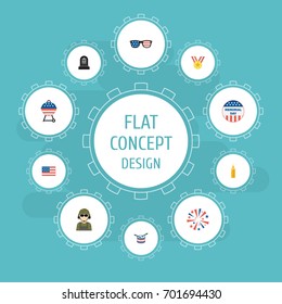Flat Icons Barbecue, Fire Wax, Spectacles And Other Vector Elements. Set Of Memorial Flat Icons Symbols Also Includes Day, Sparklers, Drum Objects.