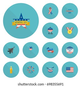 Flat Icons Barbecue, Firecracker, American Banner And Other Vector Elements. Set Of Memorial Flat Icons Symbols Also Includes Ribbon, Decoration, Medal Objects.