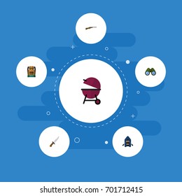 Flat Icons Barbecue, Weapon, Bag And Other Vector Elements. Set Of Camp Flat Icons Symbols Also Includes Hunting, Zoom, Rubber Objects.