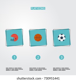 Flat Icons Basket, Ball, Rugby And Other Vector Elements. Set Of Sport Flat Icons Symbols Also Includes Helmet, Rugby, Basket Objects.