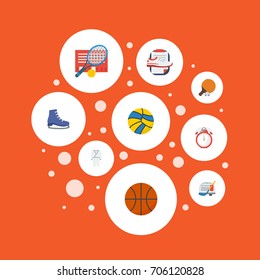 Flat Icons Basket, Ice Boot, Second Meter And Other Vector Elements. Set Of Activity Flat Icons Symbols Also Includes Rocket, Ice, Sneakers Objects.