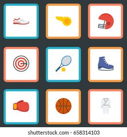 Flat Icons Basket, Uniform, Ice Boot And Other Vector Elements. Set Of Sport Flat Icons Symbols Also Includes Arrow, Gloves, Helmet Objects.