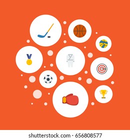 Flat Icons Basket, Uniform, Trophy And Other Vector Elements. Set Of Fitness Flat Icons Symbols Also Includes Basketball, Darts, Kimono Objects.