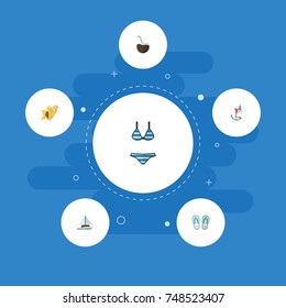 Flat Icons Beachwear, Fly, Shell And Other Vector Elements. Set Of Beach Flat Icons Symbols Also Includes Kite, Palm, Bikini Objects.