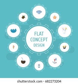 Flat Icons Beachwear, Sea Star, Drink And Other Vector Elements. Set Of Beach Flat Icons Symbols Also Includes Shell, Turtle, Drink Objects.
