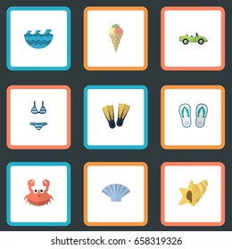 Flat Icons Beachwear, Swimming, Conch And Other Vector Elements. Set Of Summer Flat Icons Symbols Also Includes Cabriolet, Flippers, Coupe Objects.