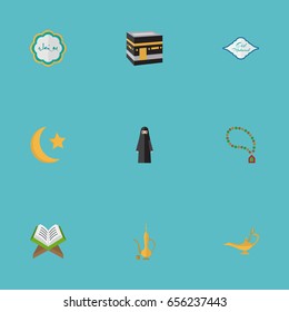 Flat Icons Bead, Holy Book, Arabic Calligraphy And Other Vector Elements. Set Of Holiday Flat Icons Symbols Also Includes Calligraphy, Decorative, Arabian Objects.