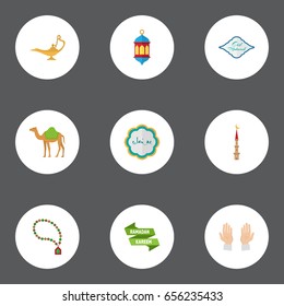 Flat Icons Bead, Islamic Lamp, Ramadan Kareem And Other Vector Elements. Set Of Ramadan Flat Icons Symbols Also Includes Eid, Mubarak, Hand Objects.