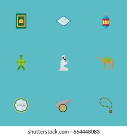 Flat Icons Bead, Malay, Artillery And Other Vector Elements. Set Of Ramadan Flat Icons Symbols Also Includes Prayer, Islamic, Mubarak Objects.