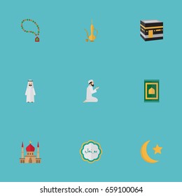 Flat Icons Bead, New Lunar, Arabian And Other Vector Elements. Set Of Holiday Flat Icons Symbols Also Includes Carpet, Arabian, Rug Objects.
