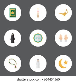 Flat Icons Bead, New Lunar, Muslim Woman And Other Vector Elements. Set Of Religion Flat Icons Symbols Also Includes Arabic, Woman, Mosque Objects.
