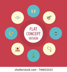 Flat Icons Bead, New Lunar, Artillery And Other Vector Elements. Set Of Holiday Flat Icons Symbols Also Includes Islam, Calligraphy, Mubarak Objects.