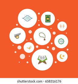 Flat Icons Bead, Prayer Carpet, New Lunar And Other Vector Elements. Set Of Holiday Flat Icons Symbols Also Includes Hand, Rug, Ordnance Objects.