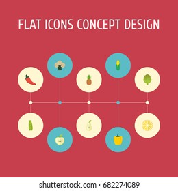 Flat Icons Bean, Herbaceous Plant, Broccoli And Other Vector Elements. Set Of  Flat Icons Symbols Also Includes Lime, Duchess, Bell Objects.