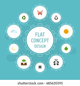 Flat Icons Bear, Foliage, Sprout And Other Vector Elements. Set Of Green Flat Icons Symbols Also Includes Conservation, Solar, Plant Objects.