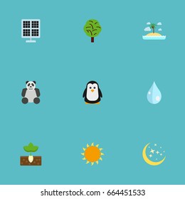 Flat Icons Bear, Isle Beach, Emperor And Other Vector Elements. Set Of Eco Flat Icons Symbols Also Includes Polar, Palm, Nature Objects.