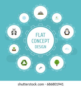 Flat Icons Bear, Isle Beach, Sprout And Other Vector Elements. Set Of Green Flat Icons Symbols Also Includes Dolphin, Sprout, Fish Objects.