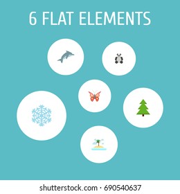 Flat Icons Bear, Isle Beach, Tree And Other Vector Elements. Set Of Eco Flat Icons Symbols Also Includes Bear, Palm, Dolphin Objects.