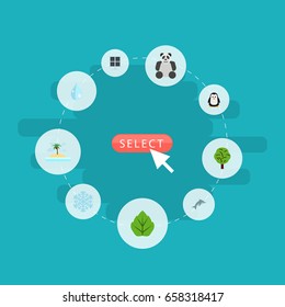 Flat Icons Bear, Water, Winter Snow And Other Vector Elements. Set Of Nature Flat Icons Symbols Also Includes Water, Panel, Solar Objects.