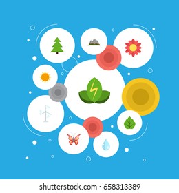 Flat Icons Beauty Insect, Blossom, Foliage And Other Vector Elements. Set Of Green Flat Icons Symbols Also Includes Water, Spruce, Power Objects.