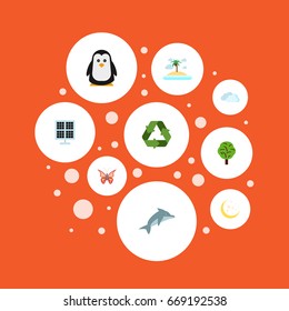 Flat Icons Beauty Insect, Sun Power, Wood And Other Vector Elements. Set Of Green Flat Icons Symbols Also Includes Night, Tree, Polar Objects.