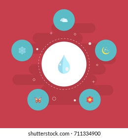 Flat Icons Beauty Insect, Water, Blossom And Other Vector Elements. Set Of Nature Flat Icons Symbols Also Includes Snow, Sky, Night Objects.