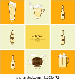 Flat icons beer bottles, cups, glasses. Vector illustration & Design element for the menus, booklets, posters, signs.
