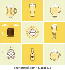 Flat icons beer bottles, cups, glasses. Vector illustration & Design element for the menus, booklets, posters, signs.