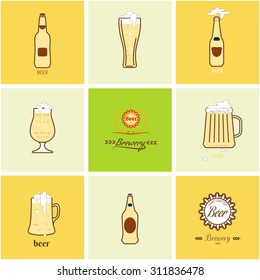 Flat icons beer bottles, cups, glasses. Vector illustration & Design element for the menus, booklets, posters, signs.