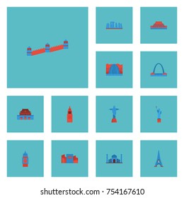 Flat Icons Beijing, India Mosque, London And Other Vector Elements. Set Of Monument Flat Icons Symbols Also Includes Waterfall, Eiffel, Country Objects.
