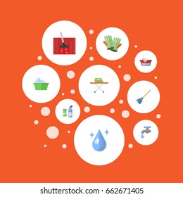 Flat Icons Besom, Aqua, Gauntlet And Other Vector Elements. Set Of Cleaning Flat Icons Symbols Also Includes Washcloth, Laundry, Basin Objects.