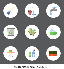 Flat Icons Besom, Faucet, Gauntlet And Other Vector Elements. Set Of Hygiene Flat Icons Symbols Also Includes Faucet, Broom, Tap Objects.
