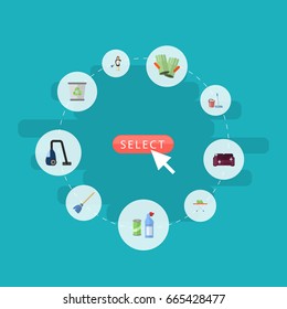 Flat Icons Besom, Housekeeping, Housewife And Other Vector Elements. Set Of Cleaning Flat Icons Symbols Also Includes Broom, Board, Detergent Objects.