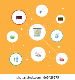 Flat Icons Besom, Laundry, Aqua And Other Vector Elements. Set Of Cleaning Flat Icons Symbols Also Includes Drop, Laundry, Soap Objects.