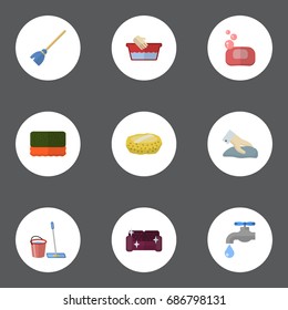 Flat Icons Besom, Mopping, Sponge And Other Vector Elements. Set Of Cleaning Flat Icons Symbols Also Includes Sofa, Cleaning, Hygiene Objects.