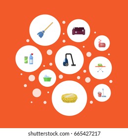 Flat Icons Besom, Sofa, Mopping And Other Vector Elements. Set Of Hygiene Flat Icons Symbols Also Includes Broom, Sponge, Vacuum Objects.