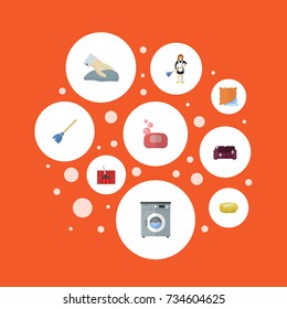 Flat Icons Besom, Sponge, Sofa And Other Vector Elements. Set Of Hygiene Flat Icons Symbols Also Includes Cleaning, Soap, Laundromat Objects.