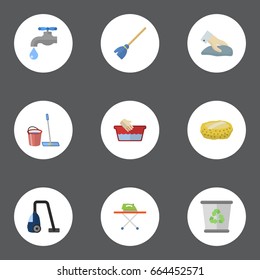 Flat Icons Besom, Towel, Garbage Container And Other Vector Elements. Set Of Hygiene Flat Icons Symbols Also Includes Bin, Water, Cleaning Objects.