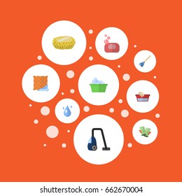 Flat Icons Besom, Washcloth, Clothes Washing And Other Vector Elements. Set Of Cleaning Flat Icons Symbols Also Includes Washcloth, Foam, Laundry Objects.