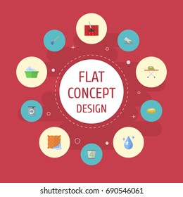 Flat Icons Besom, Washcloth, Housekeeping And Other Vector Elements. Set Of Cleaning Flat Icons Symbols Also Includes Cloth, Clean, Laundry Objects.