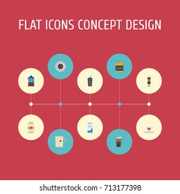 Flat Icons Beverage, Paper Box, Cup And Other Vector Elements. Set Of Drink Flat Icons Symbols Also Includes Press, Capsule, Saucer Objects.