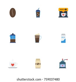 Flat Icons Beverage, Seed Pack, Latte And Other Vector Elements. Set Of Coffee Flat Icons Symbols Also Includes Latte, Iced, Coffeemaker Objects.
