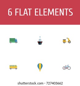 Flat Icons Bicycle, Airship, Lorry And Other Vector Elements. Set Of Auto Flat Icons Symbols Also Includes Moped, Truck, Balloon Objects.