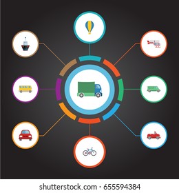 Flat Icons Bicycle, Boat, Airship And Other Vector Elements. Set Of Auto Flat Icons Symbols Also Includes Sky, Boat, Vehicle Objects.