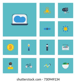 Flat Icons Bicycle, Fidget, Stick And Other Vector Elements. Set Of Trendy Flat Icons Symbols Also Includes Money, Cam, Bike Objects.