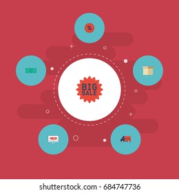 Flat Icons Big Sale, Bus, Case And Other Vector Elements. Set Of Store Flat Icons Symbols Also Includes Packaging, Parcel, Delivery Objects.
