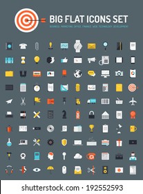 Flat icons big set of business and marketing objects, office and working equipment, communication and technology items, finance and internet commerce pictogram. Modern design vector symbol collection.