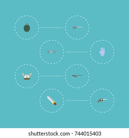 Flat Icons Blade, Firearm, Handgun Vector Elements. Set Of Gaming Flat Icons Symbols Also Includes Barbarian, Protection, Gun Objects.