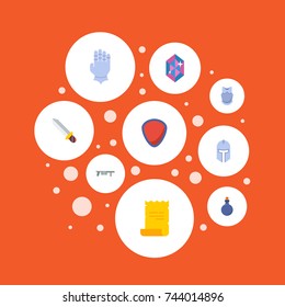 Flat Icons Blade, Parchment, Protection And Other Vector Elements. Set Of Gaming Flat Icons Symbols Also Includes Scrolled, Potion, Knight Objects.